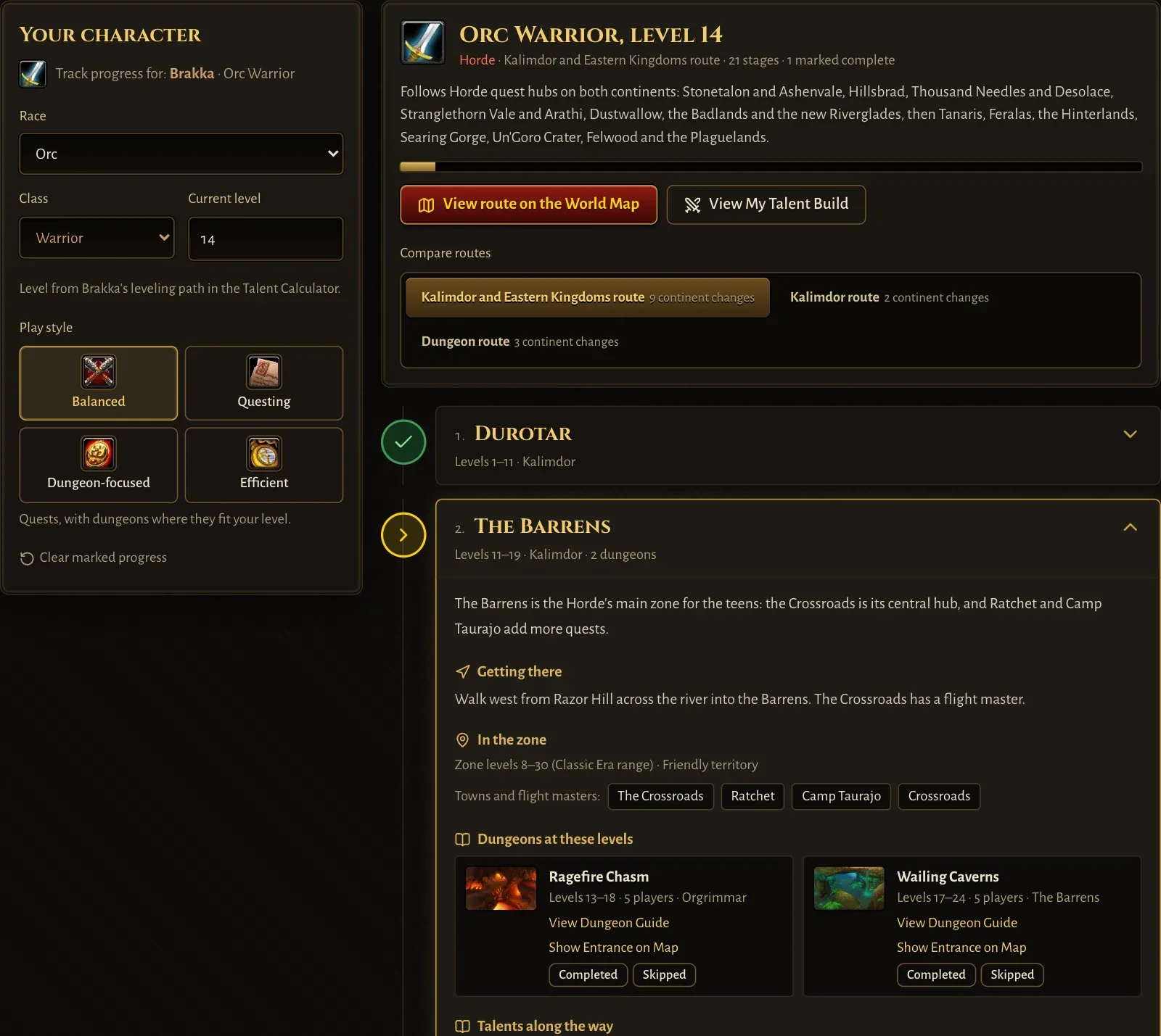 Leveling Guide for Brakka, an Orc Warrior at level 14, with Durotar complete and The Barrens open