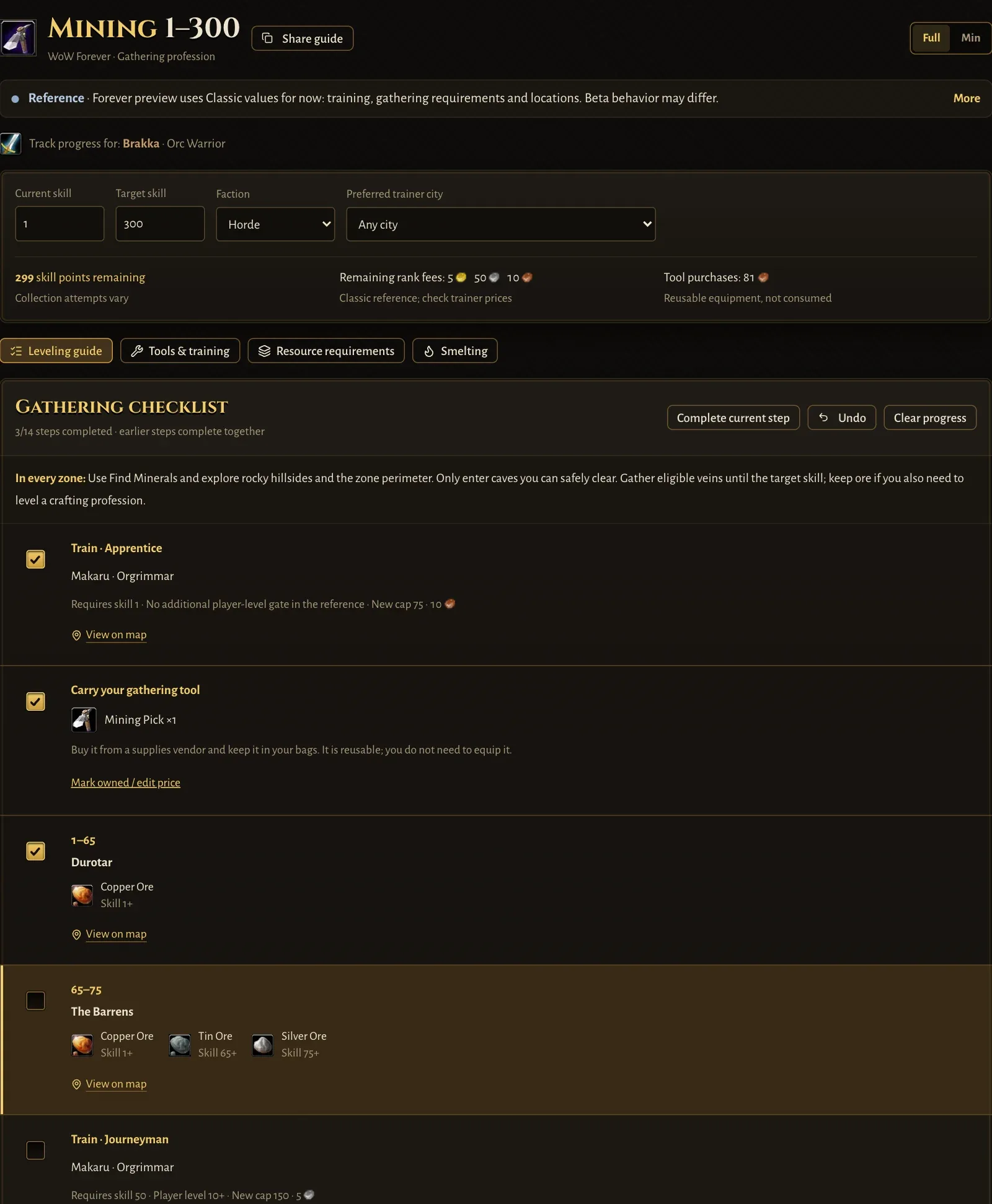Mining 1–300 guide tracking progress for Brakka, three steps checked