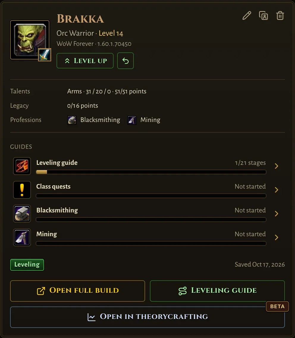 Brakka's card on My characters with guides, progress and quick links