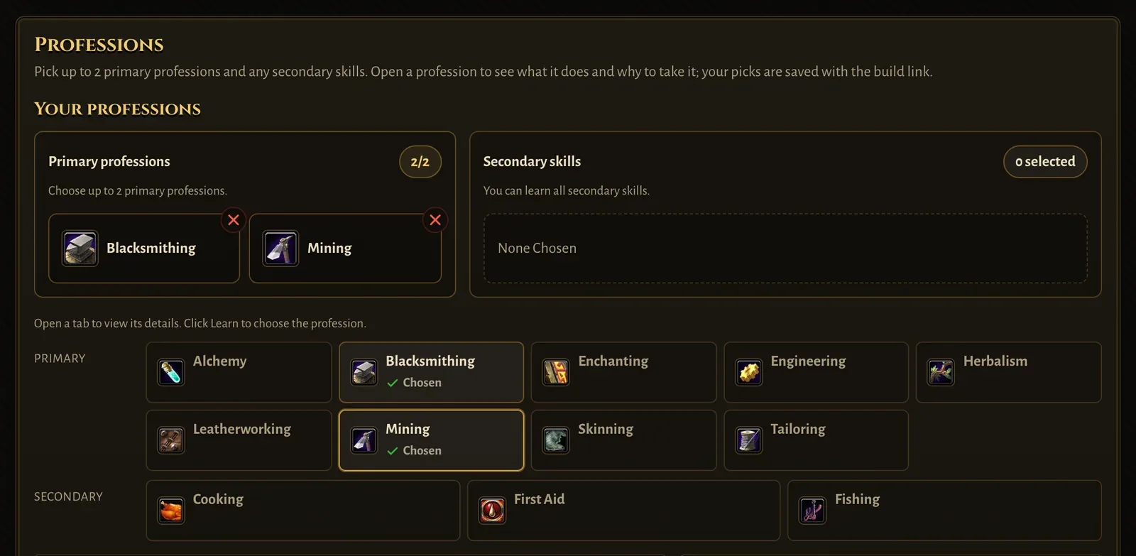 Professions panel with Blacksmithing and Mining chosen