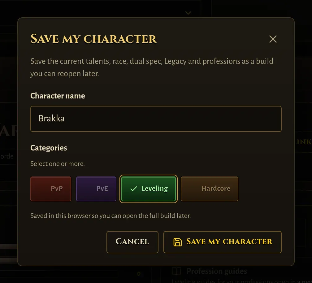 Save my character dialog with the name Brakka and the Leveling category