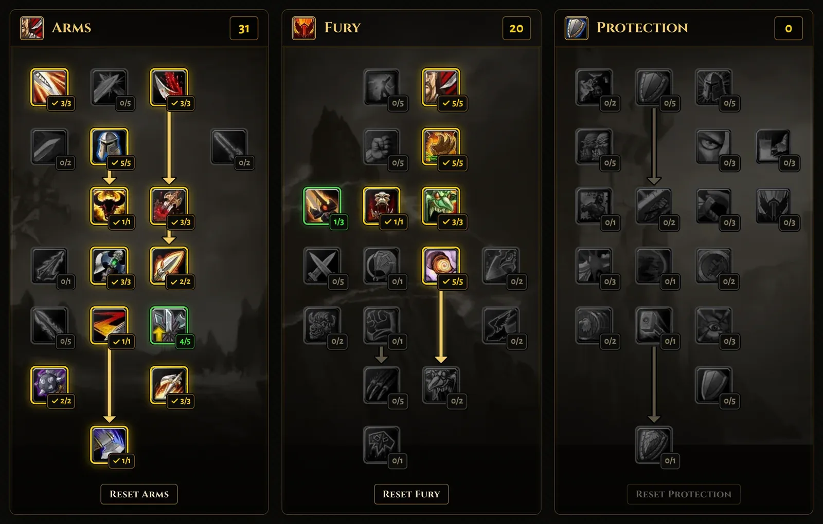 Warrior talent trees with 31 Arms and 20 Fury points
