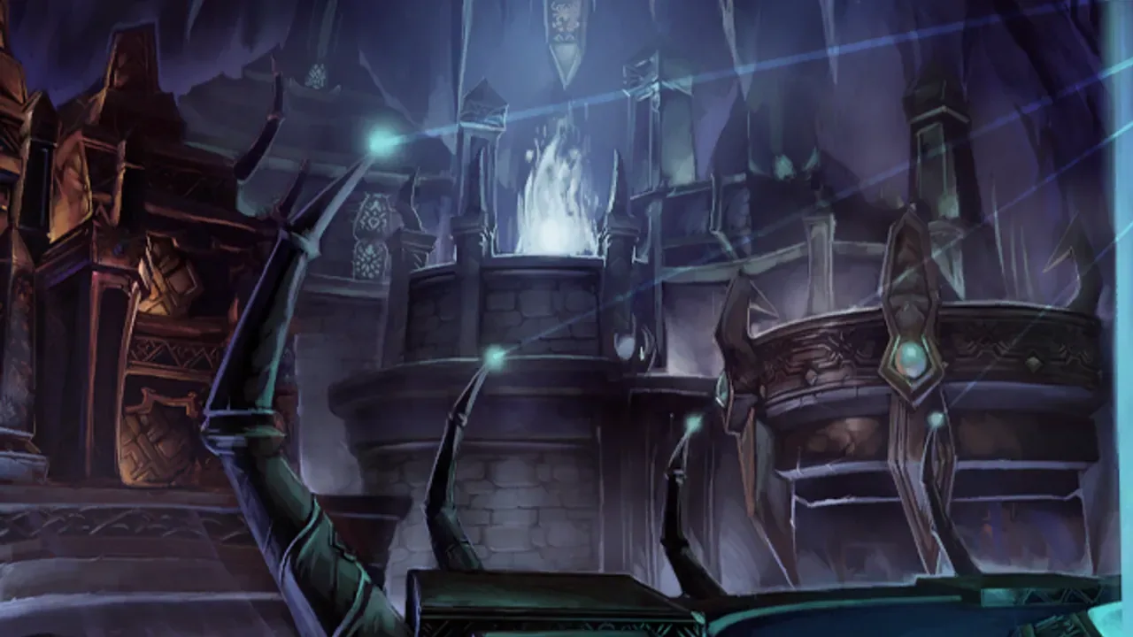 Ruined temple halls of the faceless ones, lit by eerie blue light