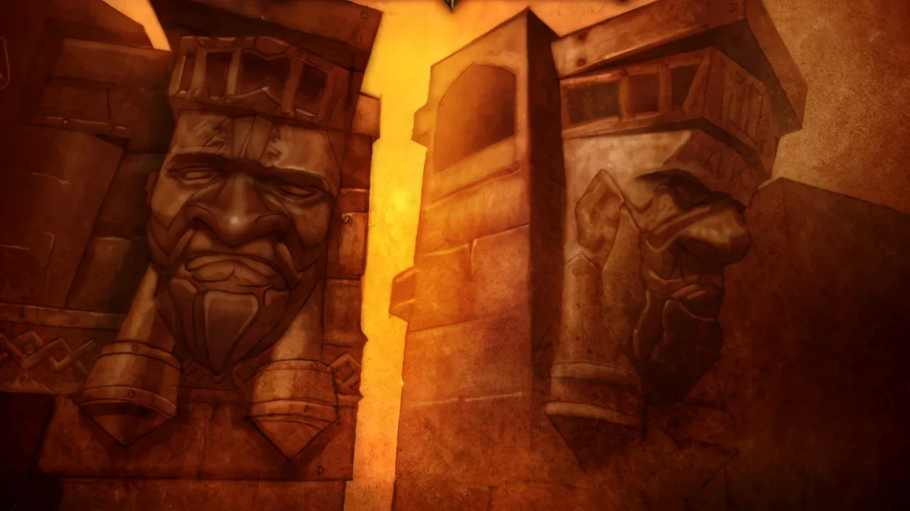 Giant Dark Iron statues guarding a forge gate in Blackrock Depths