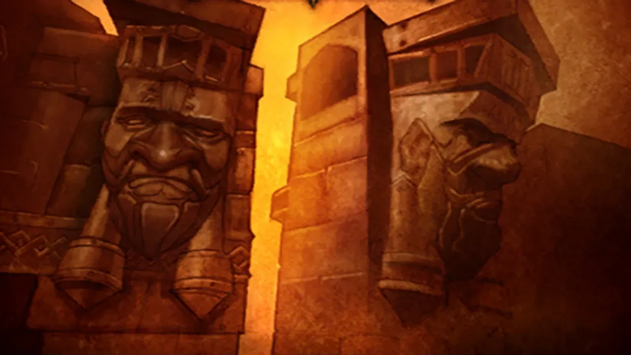 Giant Dark Iron statues guarding a forge gate in Blackrock Depths