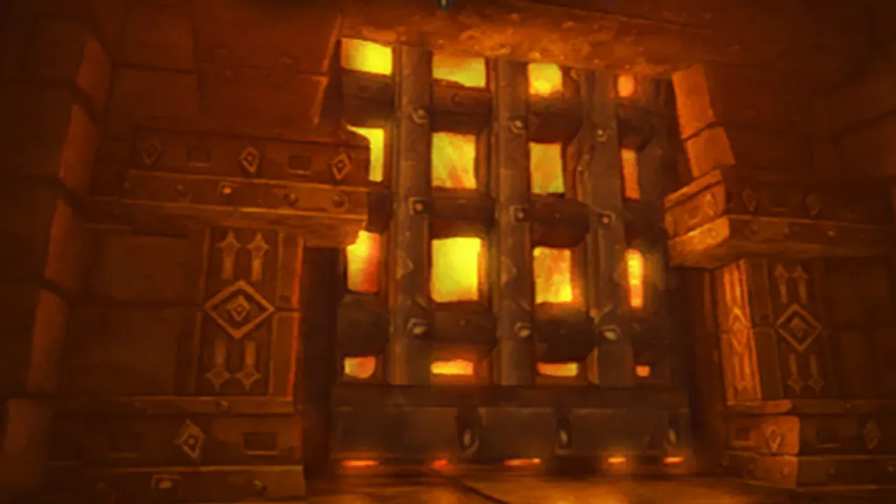 A fortress wall with fire-lit windows inside Blackwing Lair