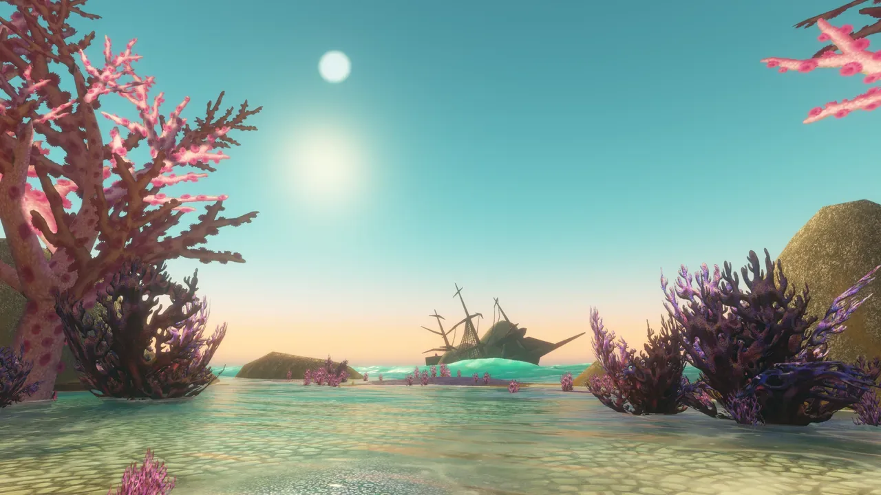 Coral and a wrecked ship around the Drowned City