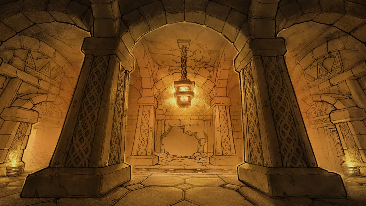 Torchlit dwarven stone halls with a lantern hanging beneath the arches