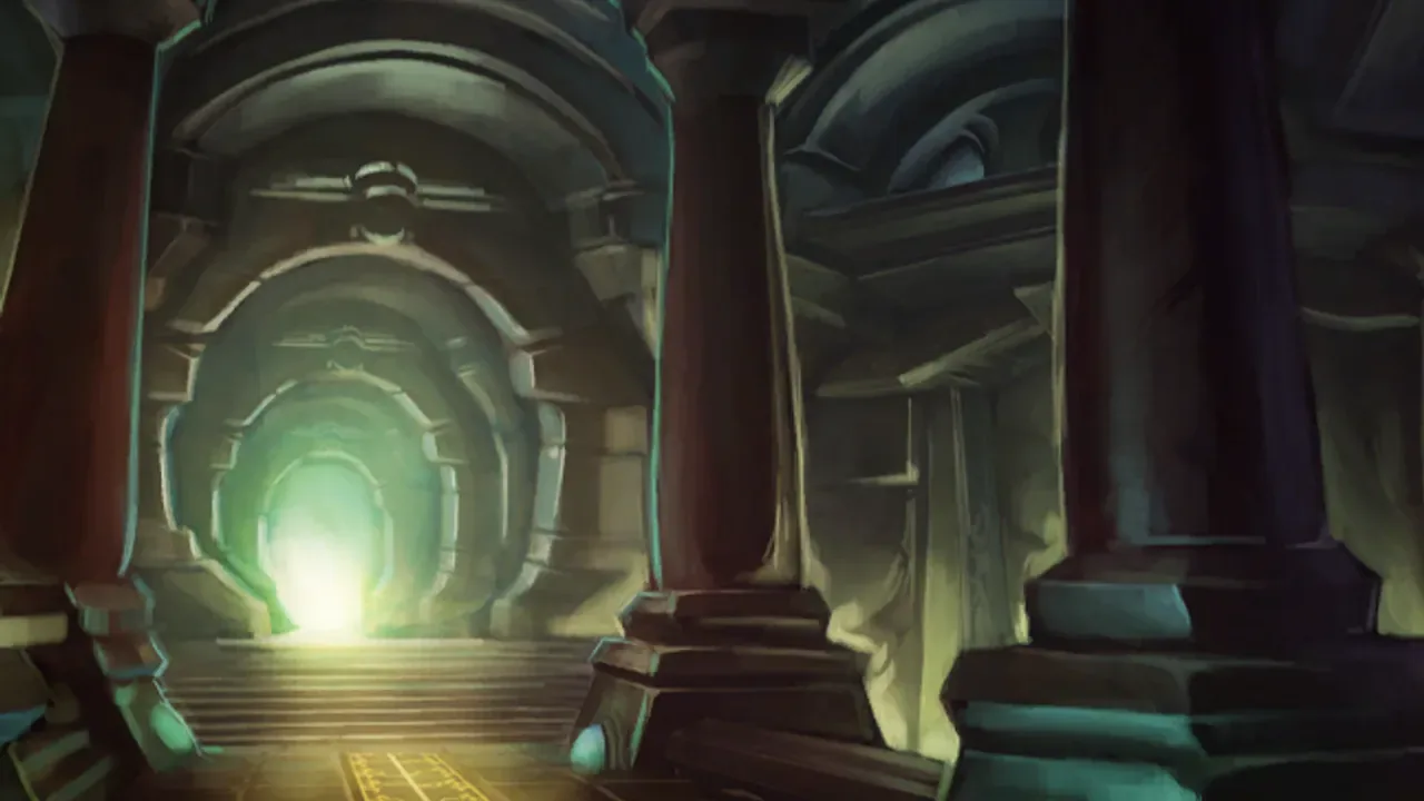 A titan corridor of stone pillars leading to a glowing green door