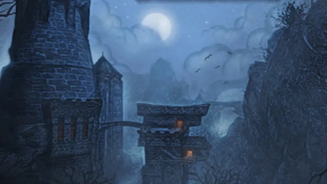 Karazhan's tower under a full moon, watched by a raven