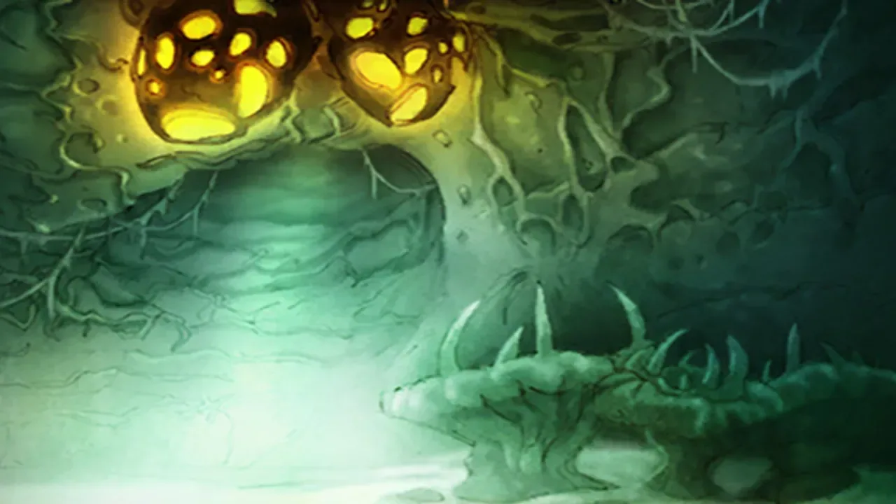 Glowing seed pods hanging over the corrupted falls of Maraudon