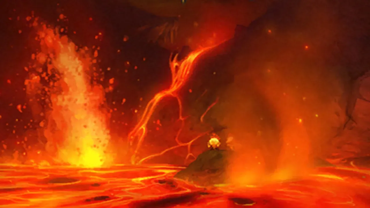 Lava fountains erupting across a molten lake in Molten Core