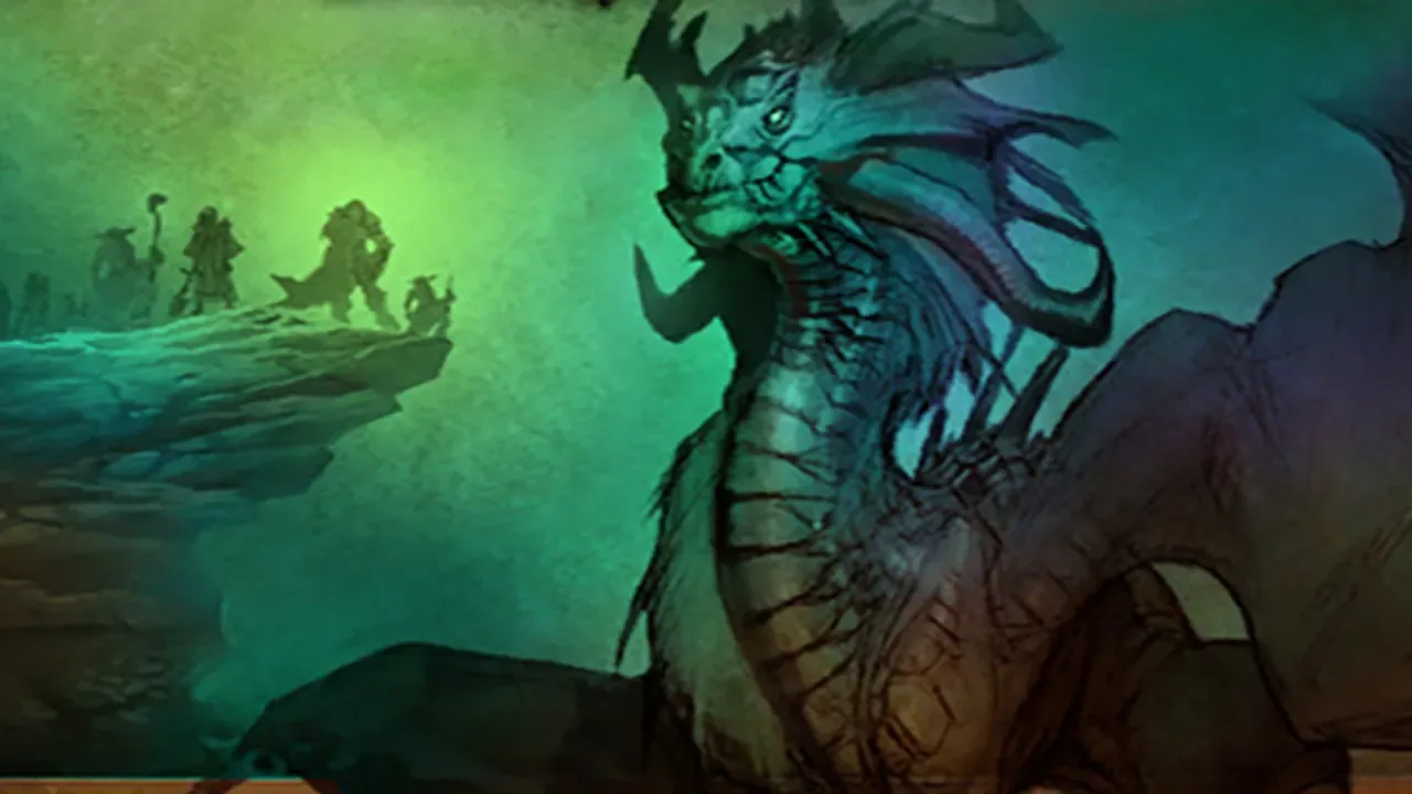 Onyxia rising above adventurers on a cavern ledge