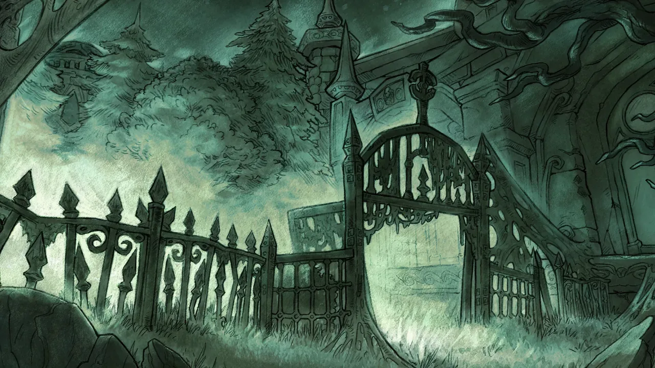 A wrought-iron gate and fence before the overgrown Ruins of Lordaeron