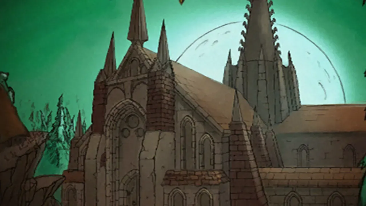 The Scarlet Monastery's cathedral spires under a green sky