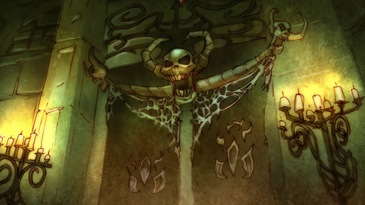 A skull-crowned gateway lit by candles in Scholomance