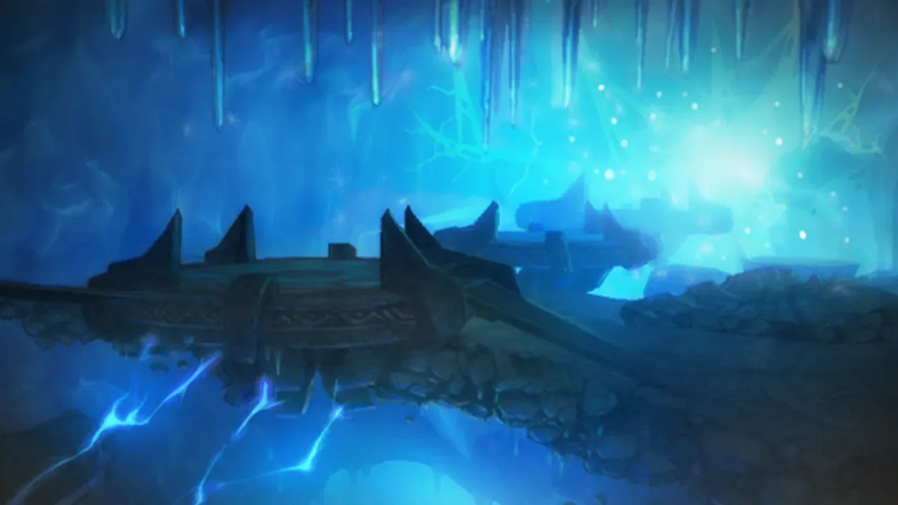 Ein Schiff, eingefroren im leuchtend blauen Eis der Höhlen unter dem Nexus