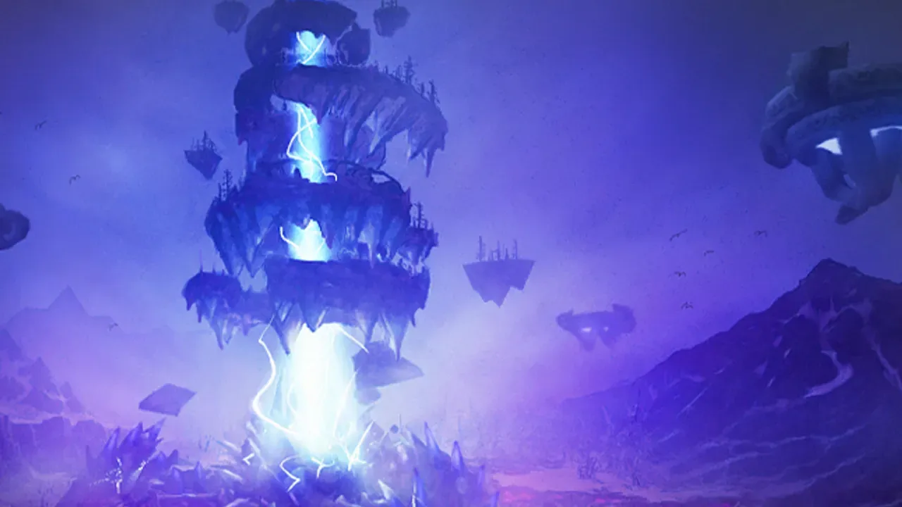 The Oculus, a tower of floating blue rings above a violet landscape