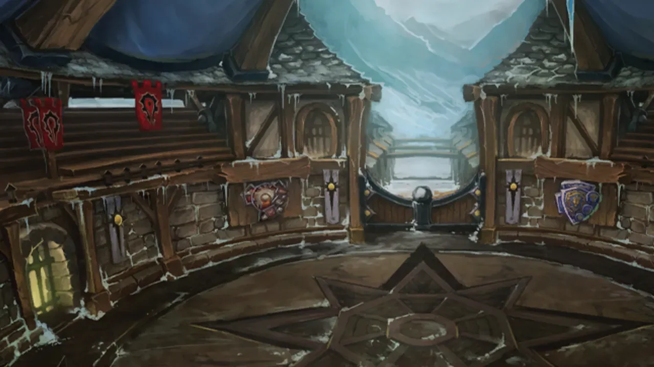 The Argent Crusade's coliseum arena hung with blue banners