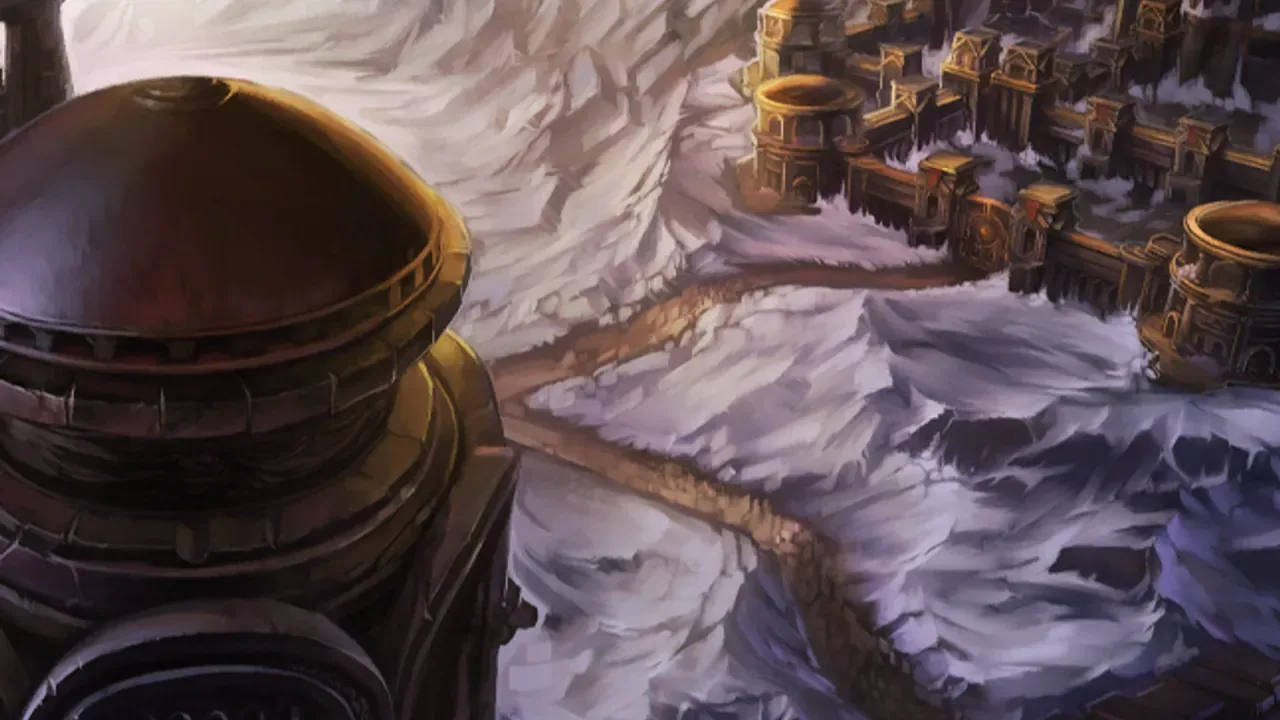 A titan vault door half-buried in the snowfields of Wintergrasp