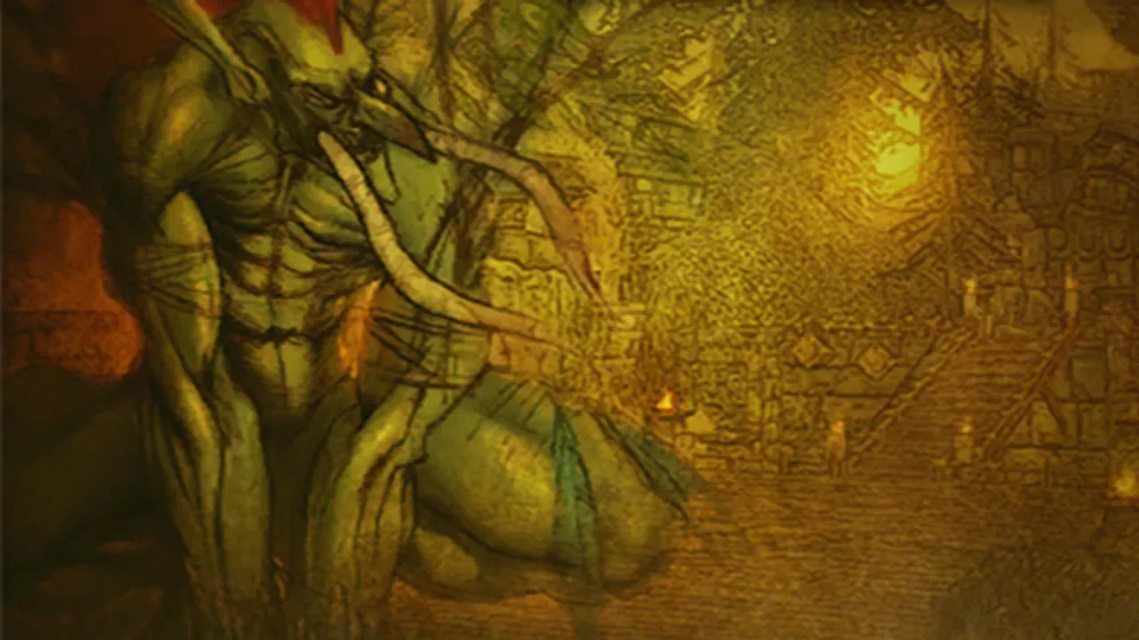 An Amani troll before the torchlit city of Zul'Aman