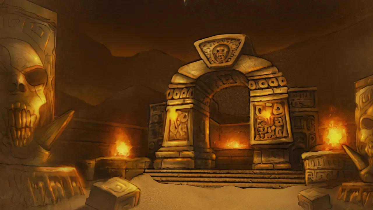 A sandstone troll temple door flanked by torches in Zul'Farrak