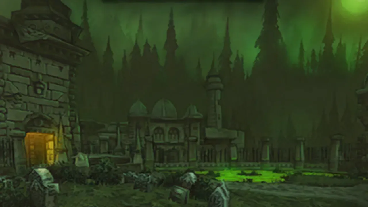O pátio em ruínas do salão do trono de Lordaeron sob um céu verde