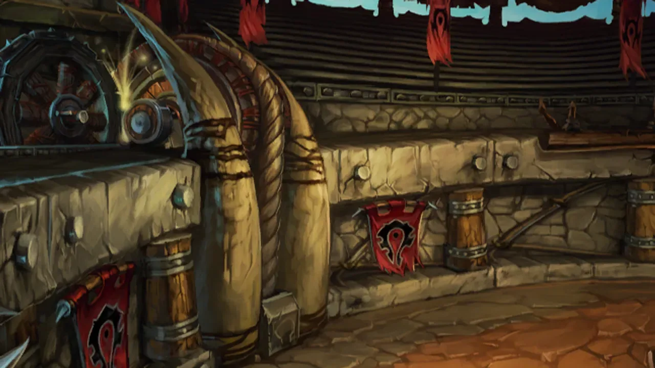 The Ring of Valor's stone pillars and fire pits beneath Orgrimmar
