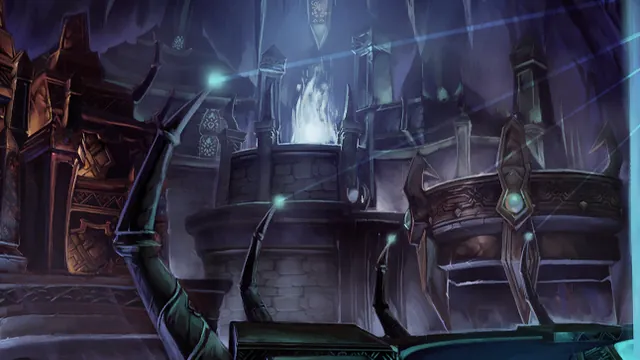 Ruined temple halls of the faceless ones, lit by eerie blue light