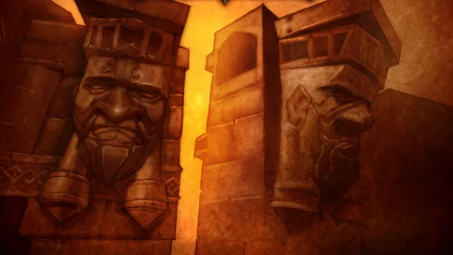 Giant Dark Iron statues guarding a forge gate in Blackrock Depths