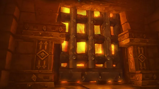A fortress wall with fire-lit windows inside Blackwing Lair