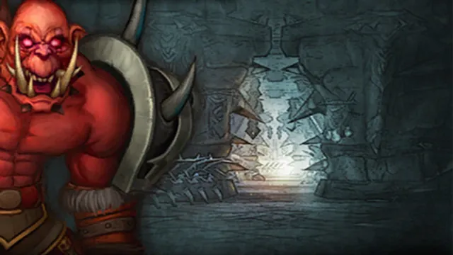 The gate of Hellfire Citadel behind a fel orc warlord's spiked pauldron