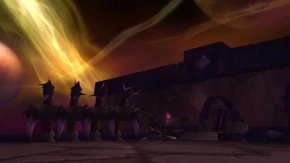 A fel-lit rampart walkway on Hellfire Citadel