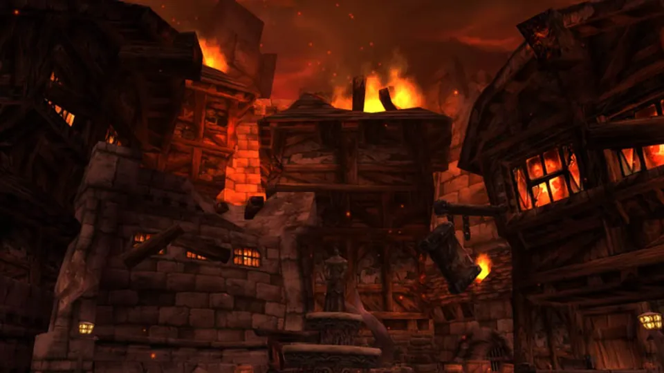 Burning timber houses lining the streets of Stratholme