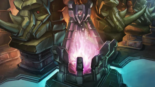A glowing pink idol on a Drakkari altar between giant troll statues