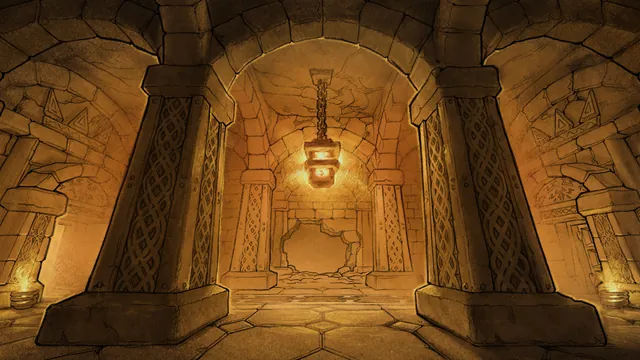Torchlit dwarven stone halls with a lantern hanging beneath the arches