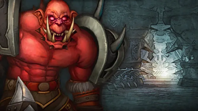 A fel orc warlord beside the gates of Hellfire Citadel