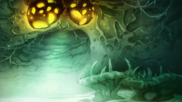 Glowing seed pods hanging over the corrupted falls of Maraudon