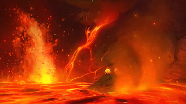 Lava fountains erupting across a molten lake in Molten Core
