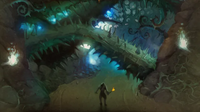 Thorny tunnels lit by blue torches in Razorfen Downs