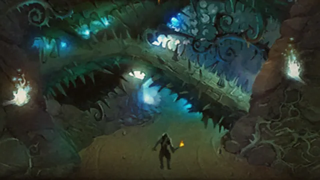 Thorny tunnels lit by blue torches in Razorfen Downs