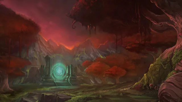 A glowing portal in the red dragonflight's sanctum under a crimson sky