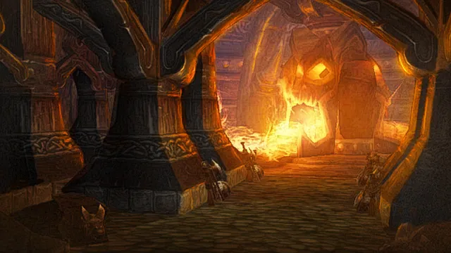 A vrykul forge hall in Utgarde Keep, lit by a furnace shaped like a snarling face