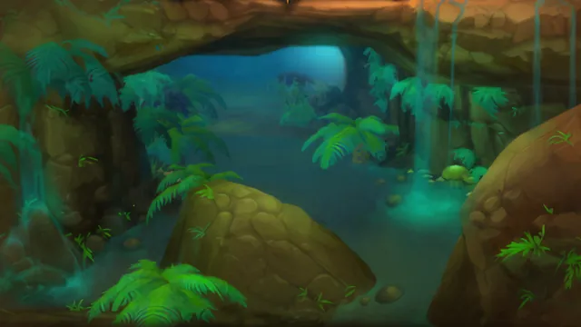 A lush, waterlogged cavern overgrown with ferns