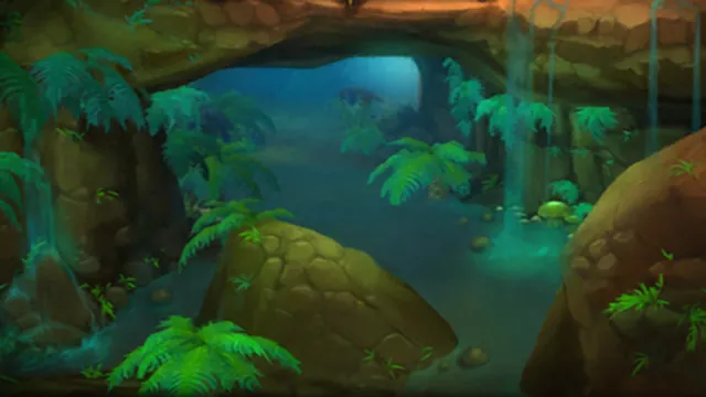 A lush, waterlogged cavern overgrown with ferns