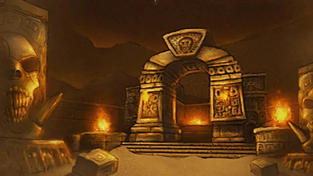 A sandstone troll temple door flanked by torches in Zul'Farrak