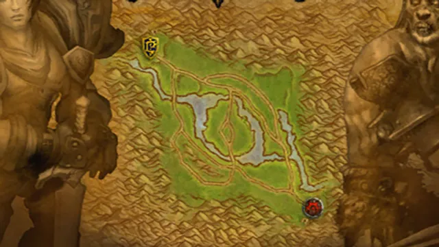 A League of Arathor soldier and a Forsaken Defiler over a map of Arathi Basin