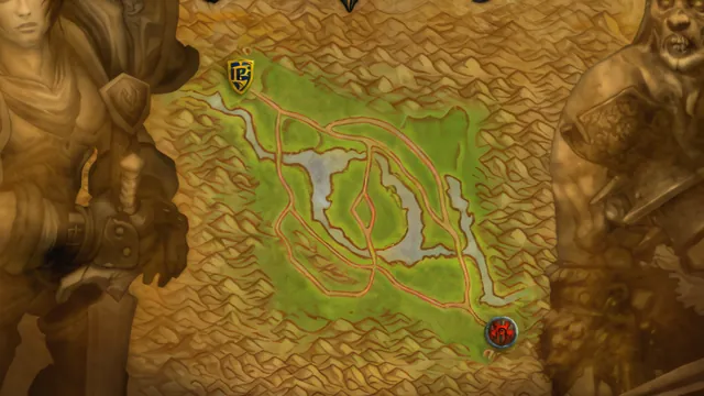 A League of Arathor soldier and a Forsaken Defiler over a map of Arathi Basin