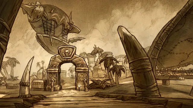 The Darkspear Islands' gate of tusks and the troll huts behind it