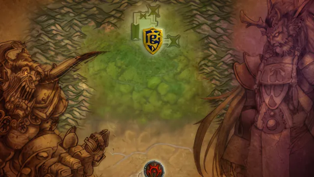 A night elf sentinel and an orc grunt face off over the forest of Warsong Gulch